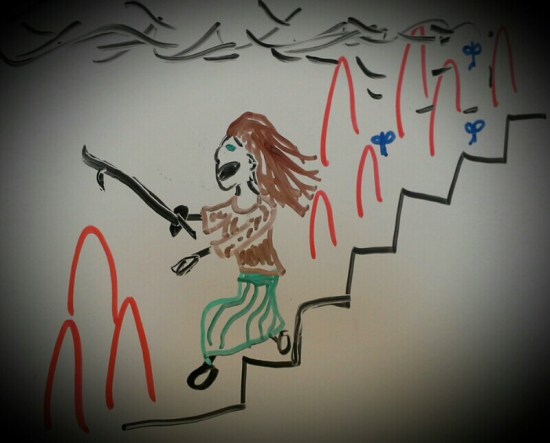 In Blue Spirit, Skye flees a burning building, an iron fireplace poker her only weapon against barely seen evil fairies.