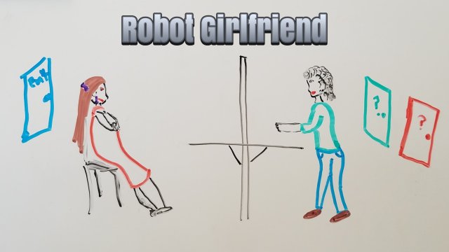 Two women, one angry, the other reaching out to her. Red and green doors with question marks are behind the second woman.