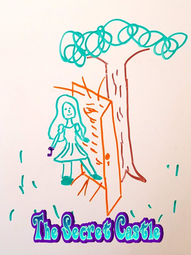 The Secret Garden A green girl appears to walk through a glowing orange door in a forest.