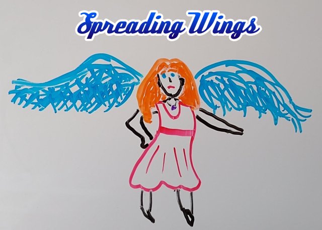 A sad-looking orange-haired woman in a red dress with wide blue wings.