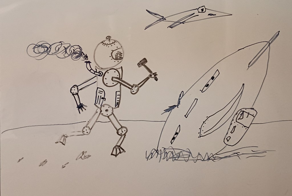 Whiteboard drawing of a steam-powered mecha wielding a giant sledgehammer, evidently attacking a downed airship, with another flying vehicle off in the background. 